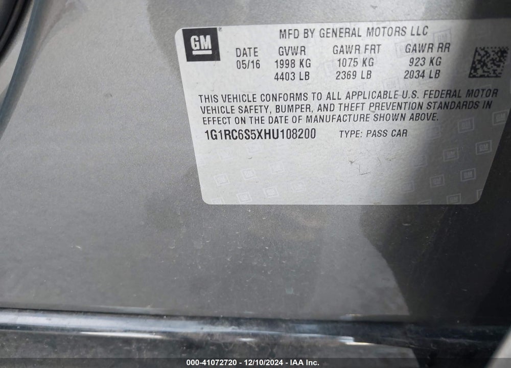 2017 CHEVROLET VOLT VIN: 1G1RC6S5XHU108200