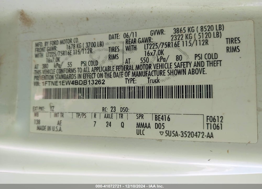 2011 FORD E-150 COMMERCIAL VIN: 1FTNE1EW4BDB13262