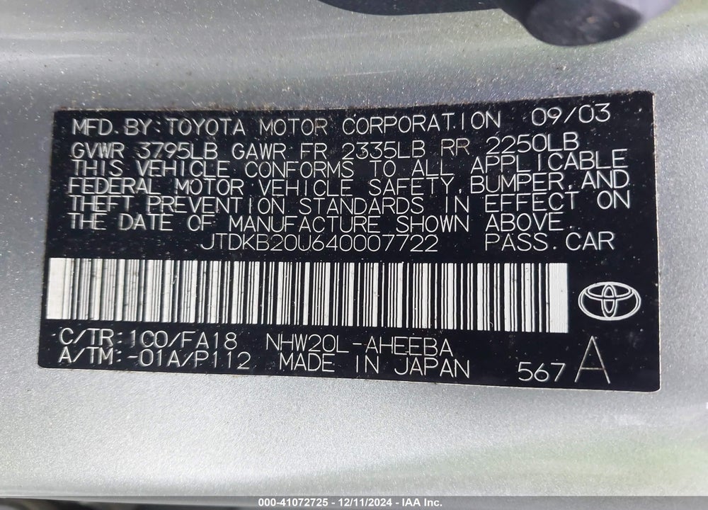 2004 TOYOTA PRIUS VIN: JTDKB20U640007722
