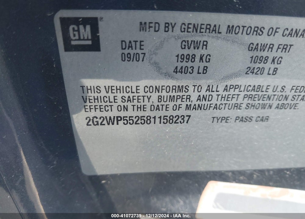 2008 PONTIAC GRAND PRIX VIN: 2G2WP552581158237