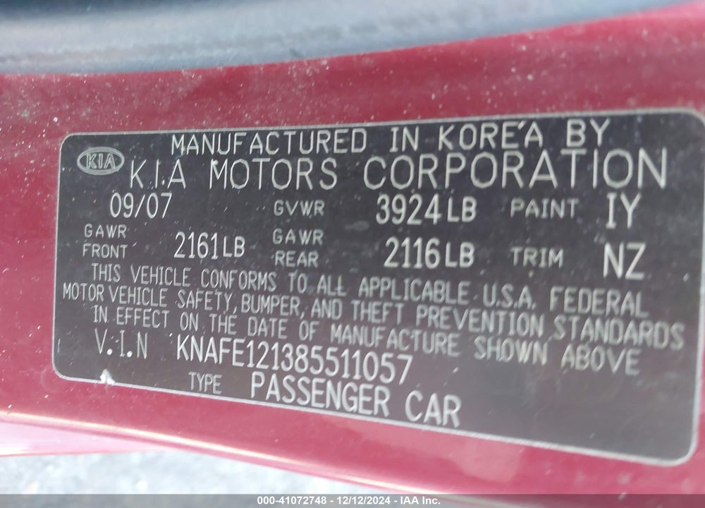 2008 KIA SPECTRA EX VIN: KNAFE121385511057