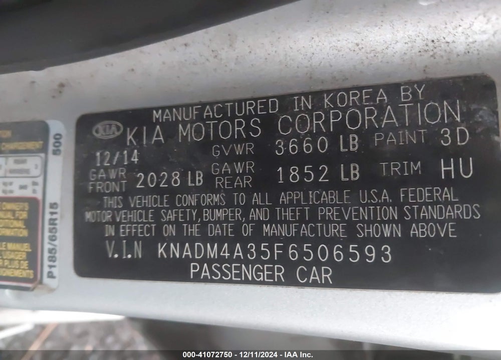 2015 KIA RIO LX VIN: KNADM4A35F6506593
