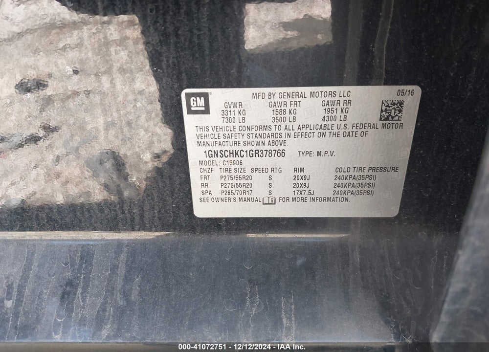 2016 CHEVROLET SUBURBAN LT VIN: 1GNSCHKC1GR378766