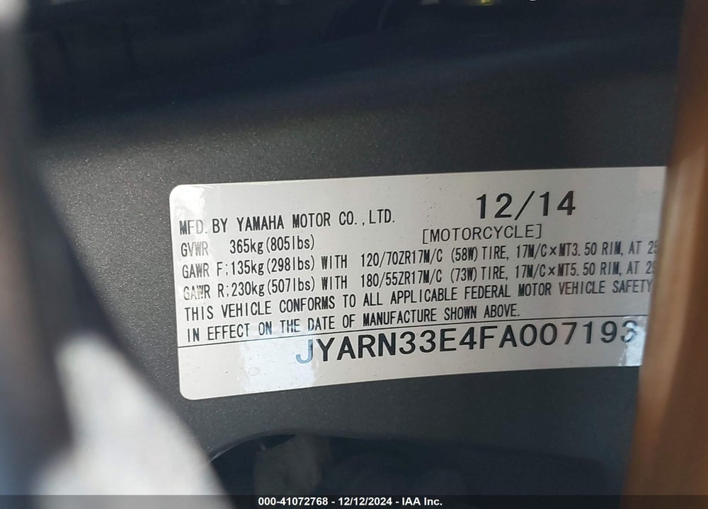 2015 YAMAHA FZ09 VIN: JYARN33E4FA007193