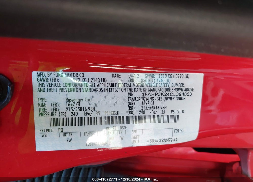 2012 FORD FOCUS SE VIN: 1FAHP3K24CL394853