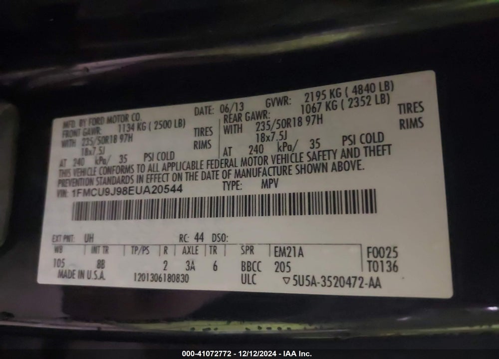 2014 FORD ESCAPE TITANIUM VIN: 1FMCU9J98EUA20544