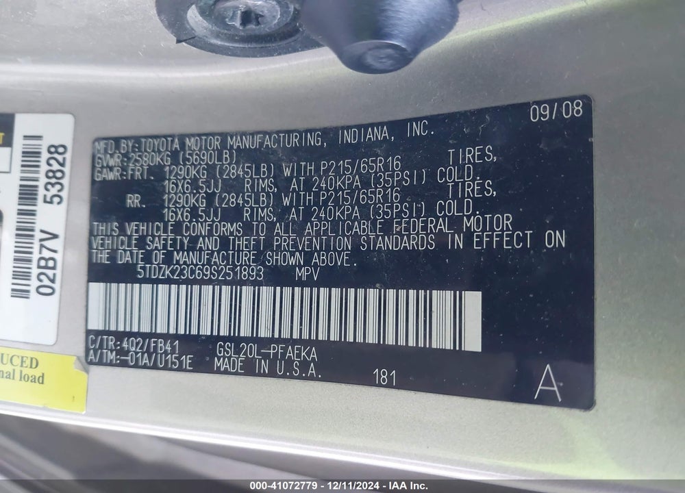 2009 TOYOTA SIENNA CE VIN: 5TDZK23C69S251893