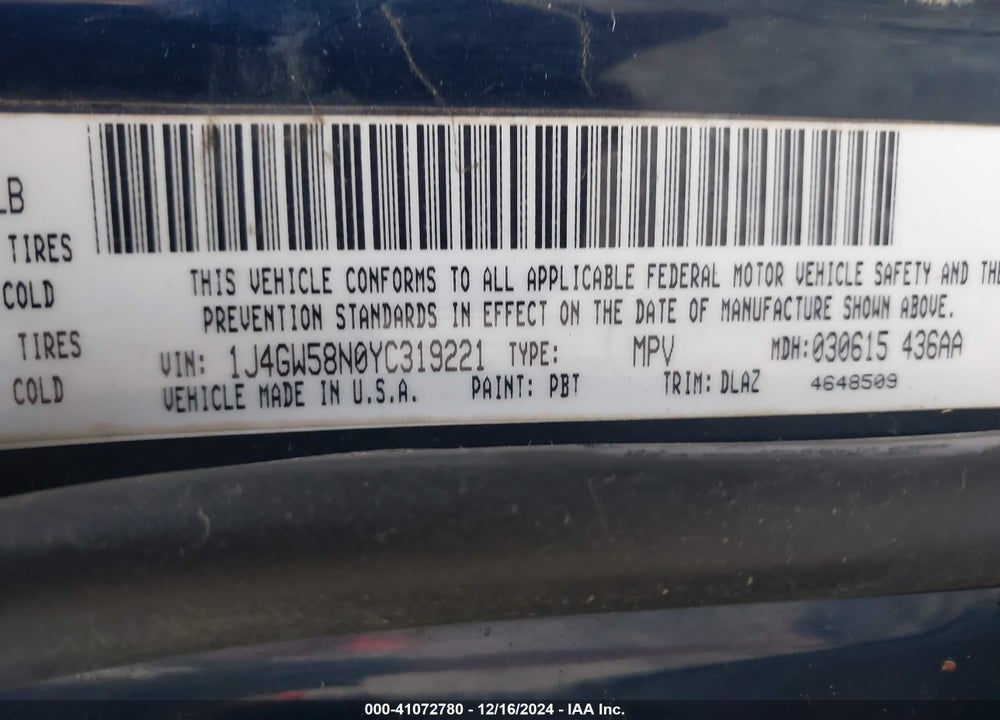 2000 JEEP GRAND CHEROKEE LIMITED VIN: 1J4GW58N0YC319221