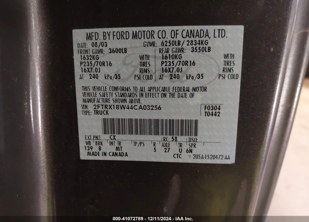 2004 FORD F-150 HERITAGE XL/XLT VIN: 2FTRX18W44CA03256