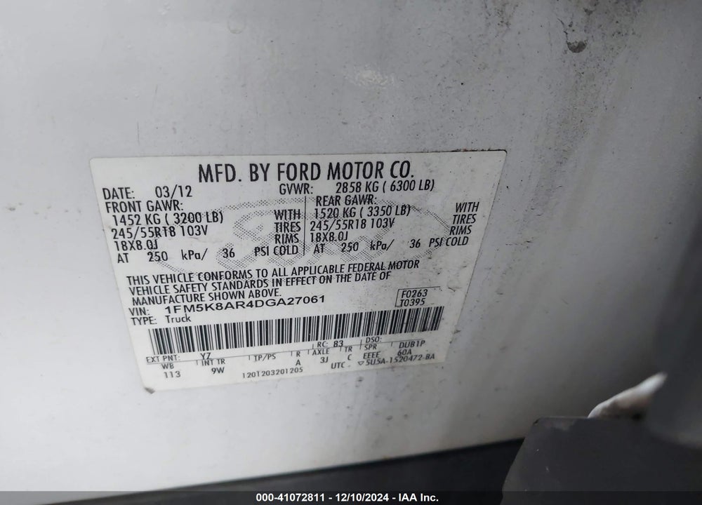 2013 FORD UTILITY POLICE INTERCEPTOR VIN: 1FM5K8AR4DGA27061