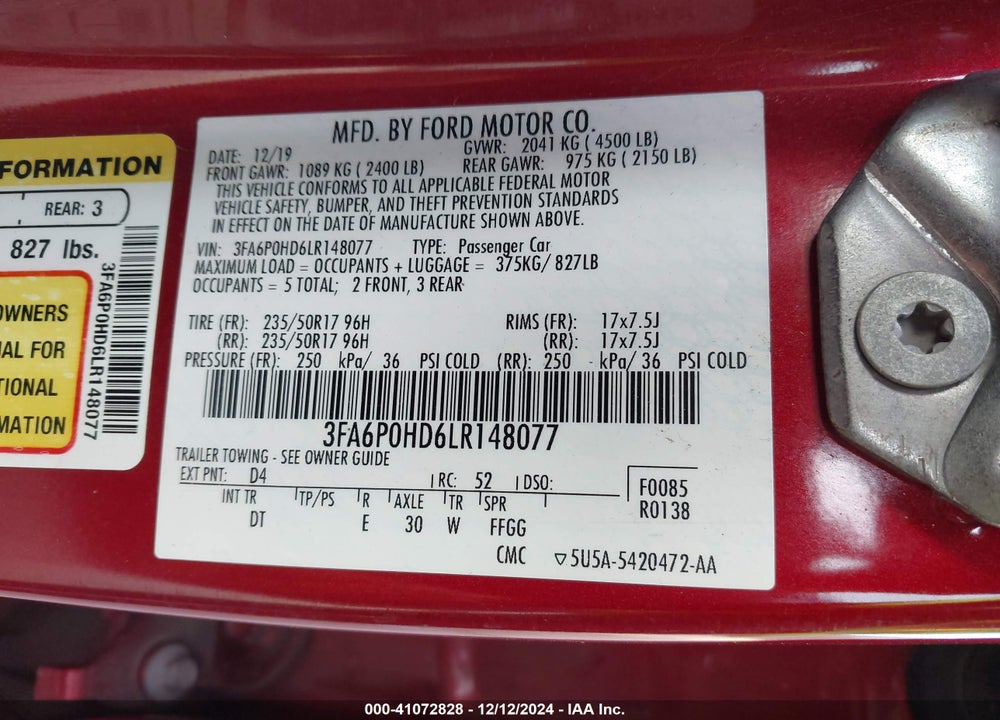 2020 FORD FUSION VIN: 3FA6P0HD6LR148077