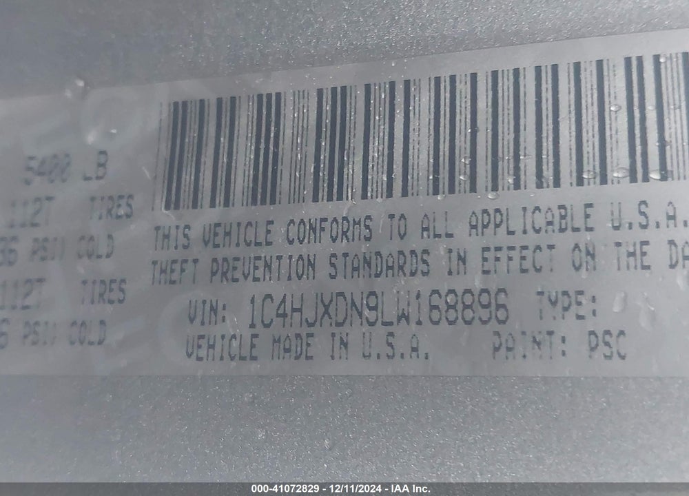 2020 JEEP WRANGLER UNLIMITED SPORT S 4X4 VIN: 1C4HJXDN9LW168896