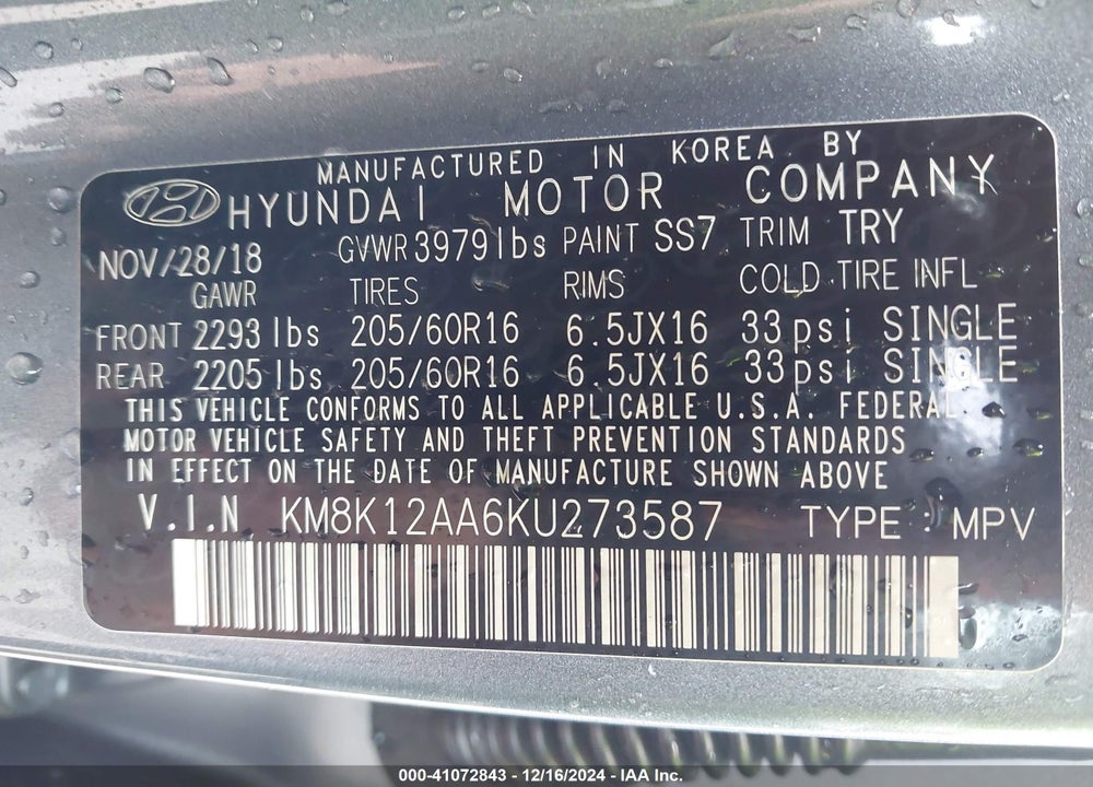 2019 HYUNDAI KONA SE VIN: KM8K12AA6KU273587