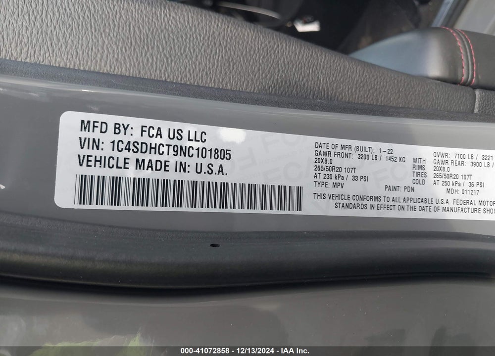 2022 DODGE DURANGO R/T RWD VIN: 1C4SDHCT9NC101805
