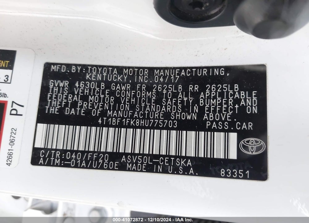 2017 TOYOTA CAMRY SE VIN: 4T1BF1FK8HU775703