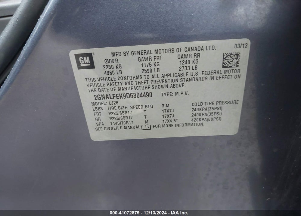 2013 CHEVROLET EQUINOX LTZ VIN: 2GNALFEK9D6304490