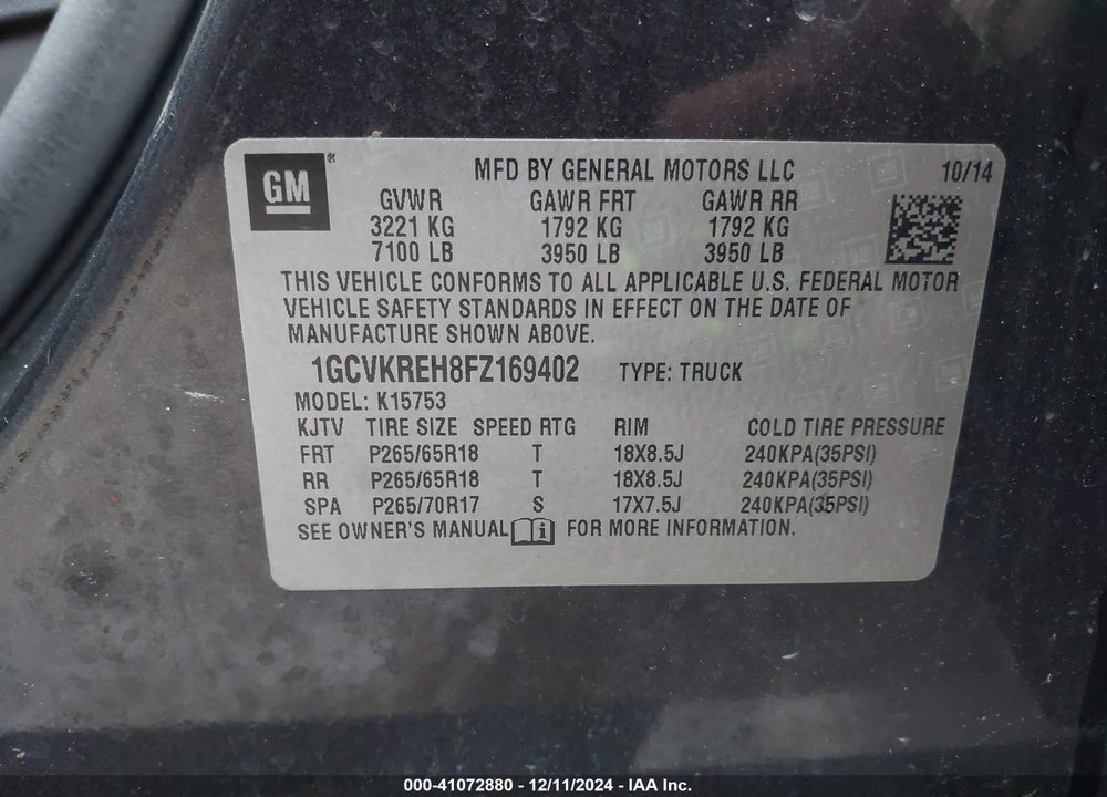 2015 CHEVROLET SILVERADO VIN: 1GCVKREH8FZ169402