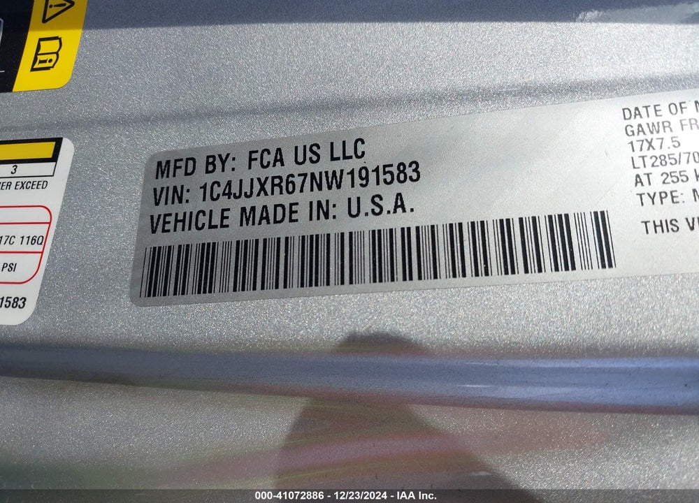 2022 JEEP WRANGLER UNLIMITED VIN: 1C4JJXR67NW191583