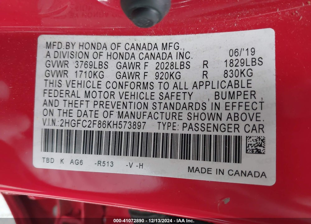 2019 HONDA CIVIC SPORT VIN: 2HGFC2F86KH573897