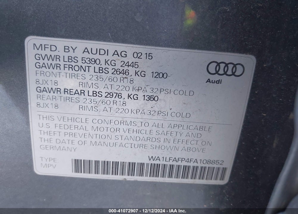 2015 AUDI Q5 2.0T PREMIUM VIN: WA1LFAFP4FA108852