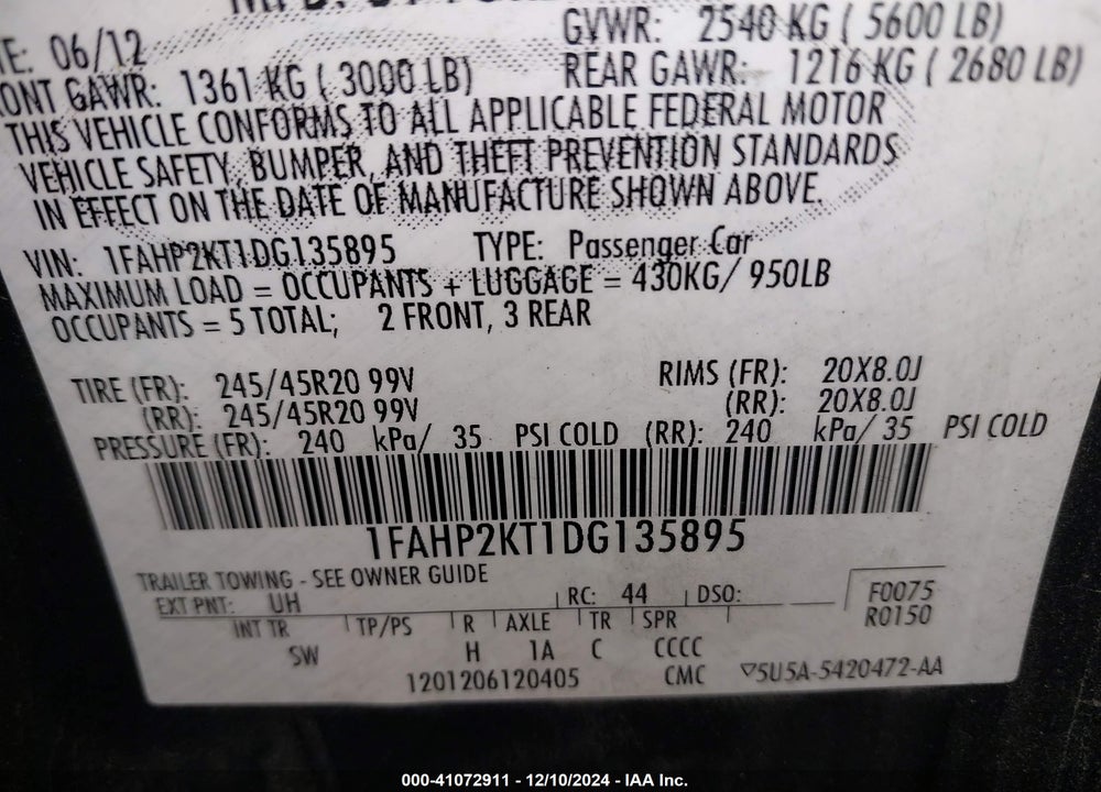 2013 FORD TAURUS SHO VIN: 1FAHP2KT1DG135895