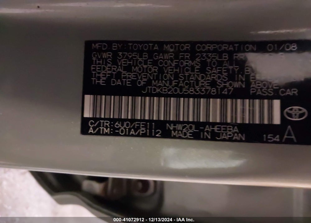 2008 TOYOTA PRIUS VIN: JTDKB20U583378147