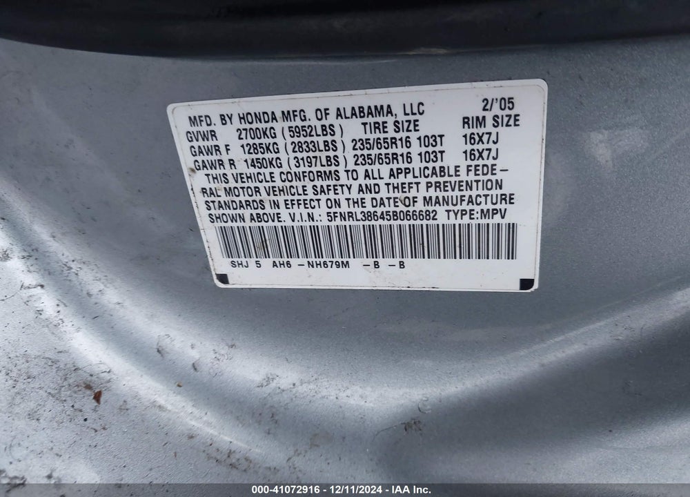 2005 HONDA ODYSSEY EX-L VIN: 5FNRL38645B066682