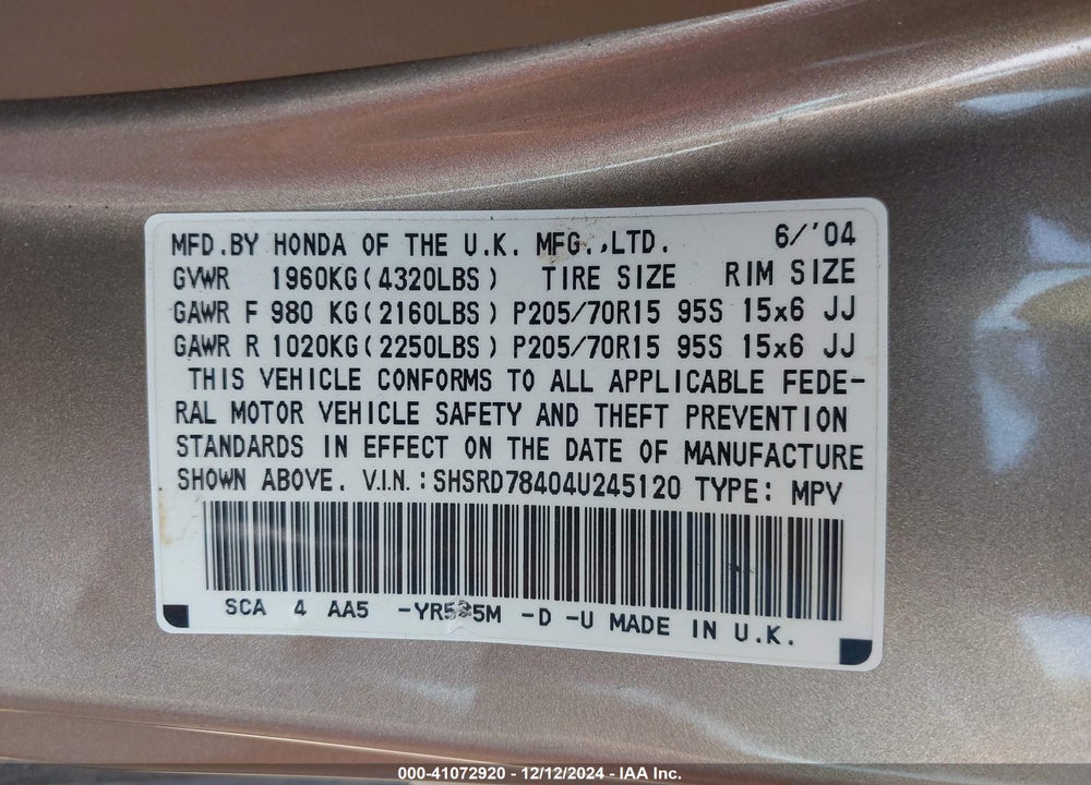 2004 HONDA CR-V LX VIN: SHSRD78404U245120