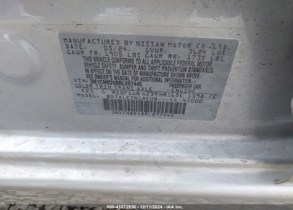 2024 NISSAN VERSA VIN: 3N1CN8DV8RL897445