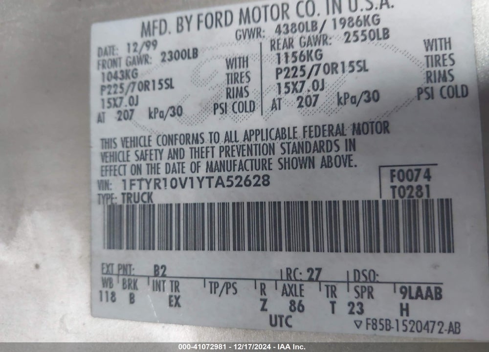 2000 FORD RANGER XL/XLT VIN: 1FTYR10V1YTA52628