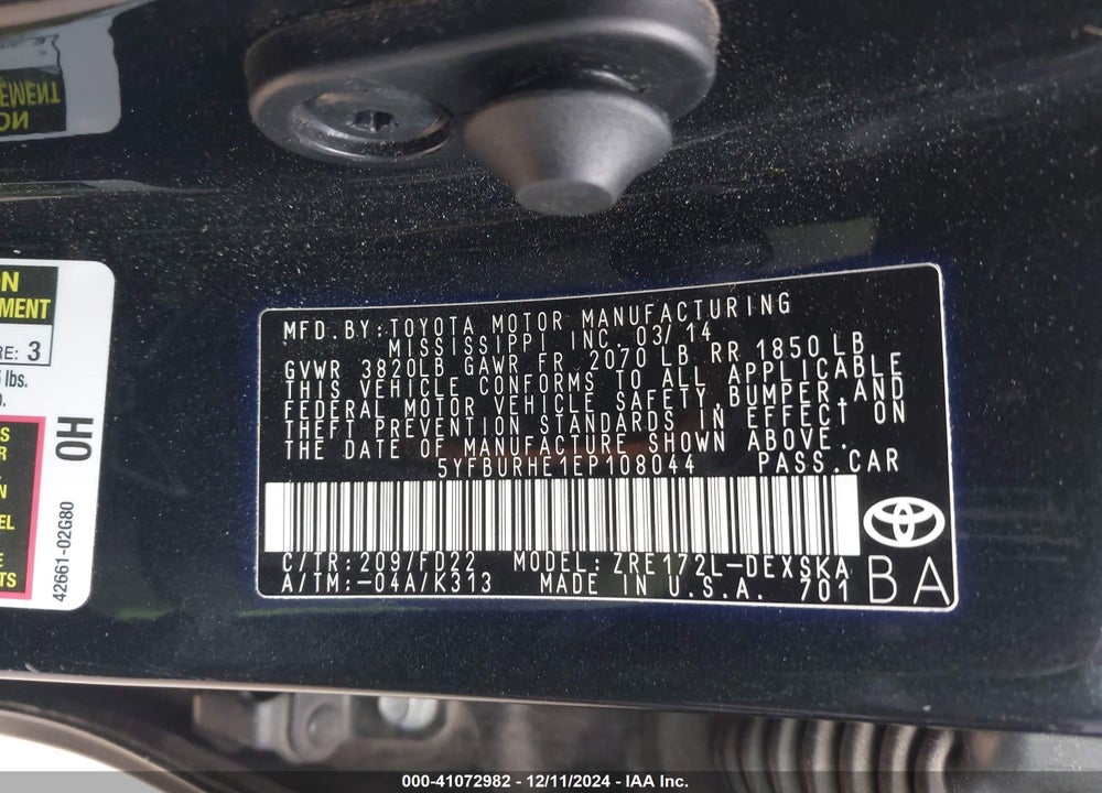 2014 TOYOTA COROLLA S PLUS VIN: 5YFBURHE1EP108044