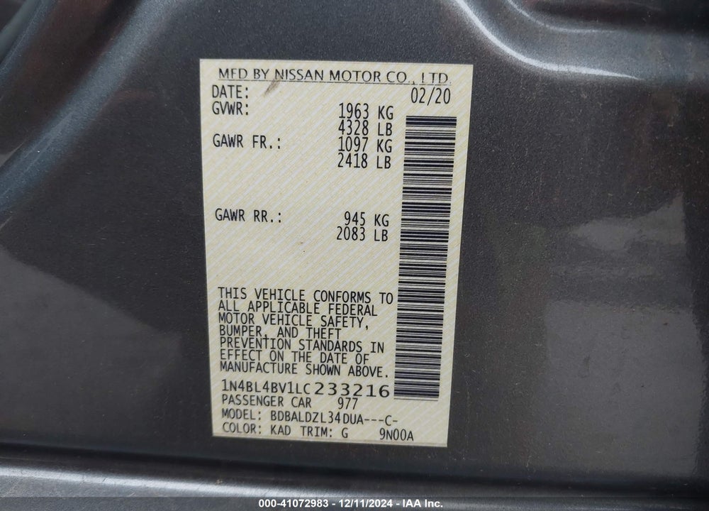 2020 NISSAN ALTIMA S FWD VIN: 1N4BL4BV1LC233216