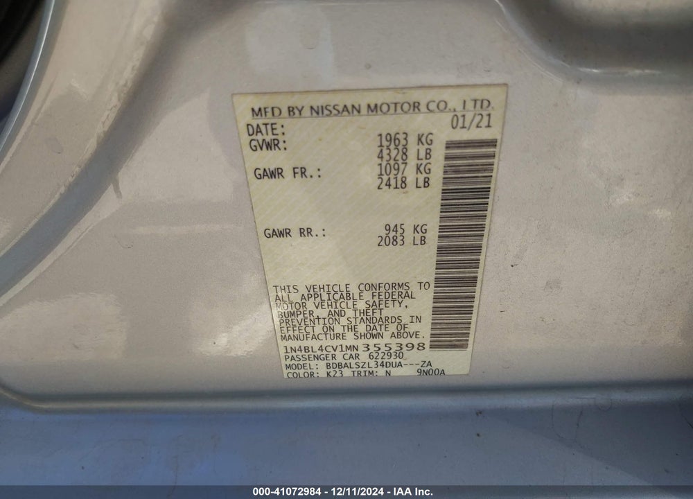 2021 NISSAN ALTIMA SR FWD VIN: 1N4BL4CV1MN355398