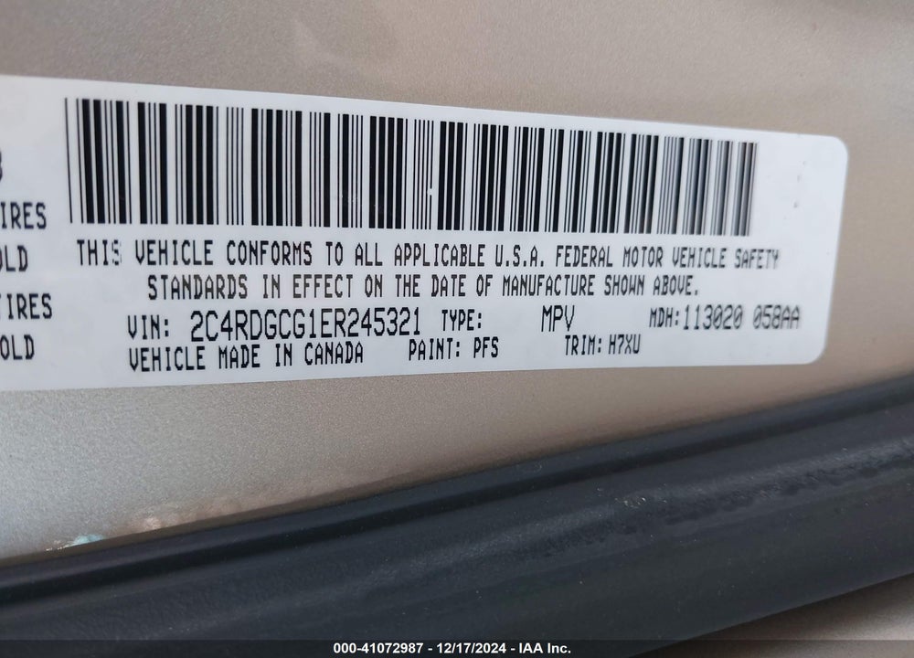 2014 DODGE GRAND CARAVAN VIN: 2C4RDGCG1ER245321