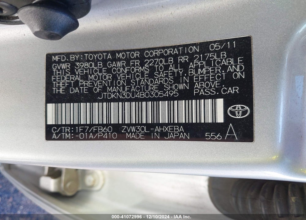 2011 TOYOTA PRIUS TWO VIN: JTDKN3DU4B0305495