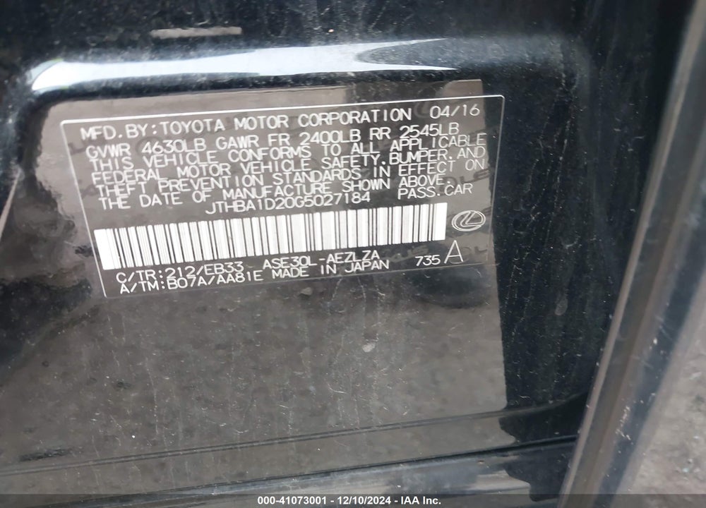 2016 LEXUS IS 200T VIN: JTHBA1D20G5027184