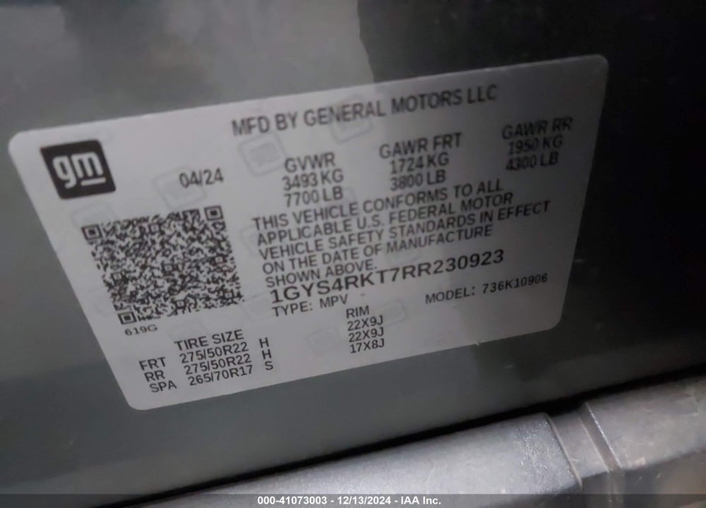 2024 CADILLAC ESCALADE ESV SPORT PLATINUM VIN: 1GYS4RKT7RR230923