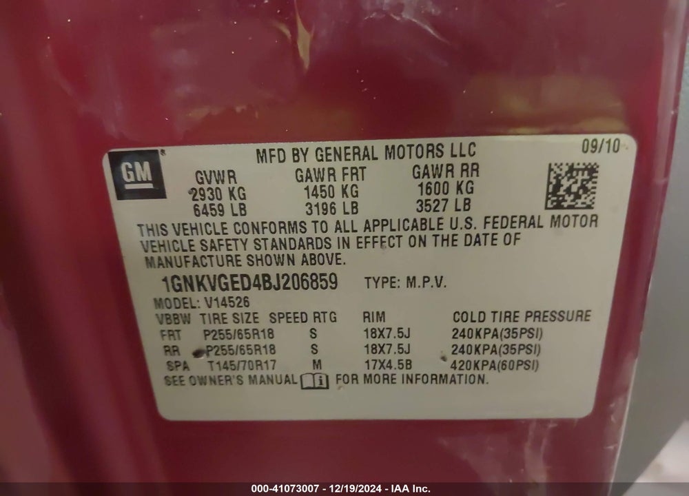 2011 CHEVROLET TRAVERSE 1LT VIN: 1GNKVGED4BJ206859