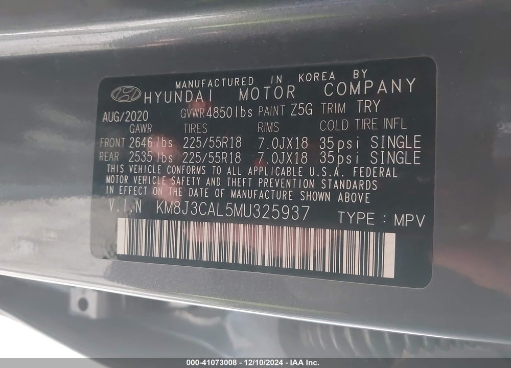 2021 HYUNDAI TUCSON SEL VIN: KM8J3CAL5MU325937