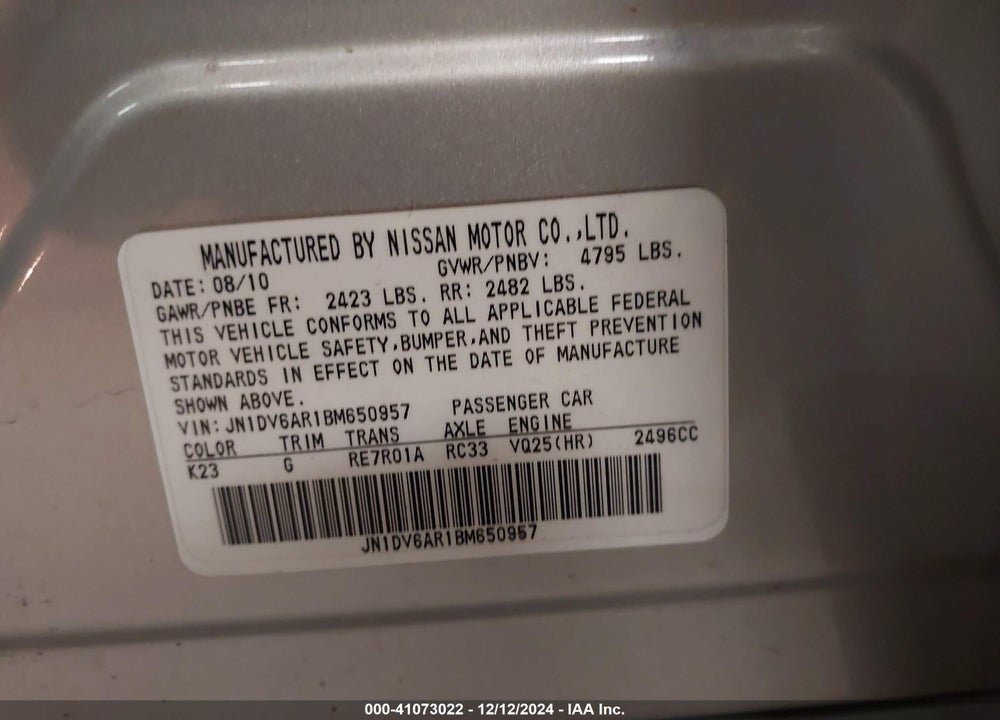 2011 INFINITI G25X VIN: JN1DV6AR1BM650957
