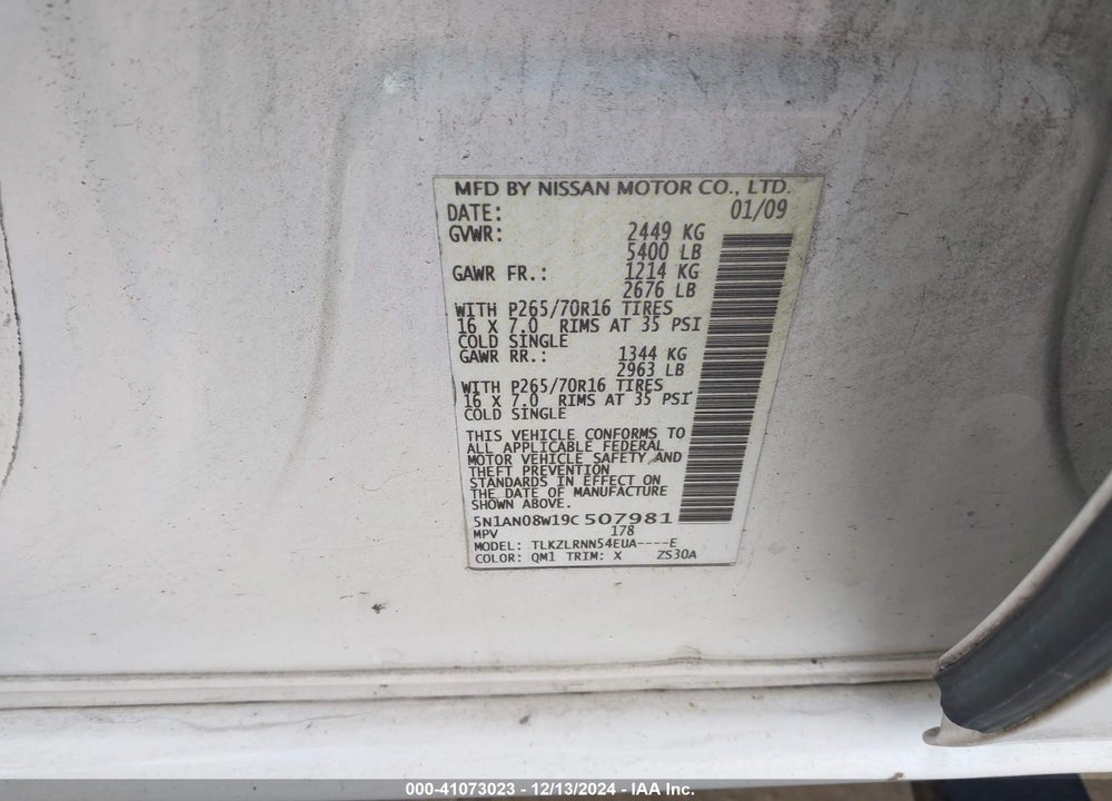 2009 NISSAN XTERRA VIN: 5N1AN08W19C507981