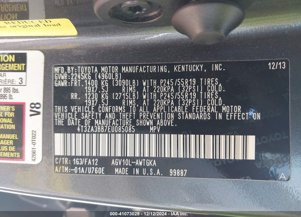 2014 TOYOTA VENZA LE VIN: 4T3ZA3BB7EU085085