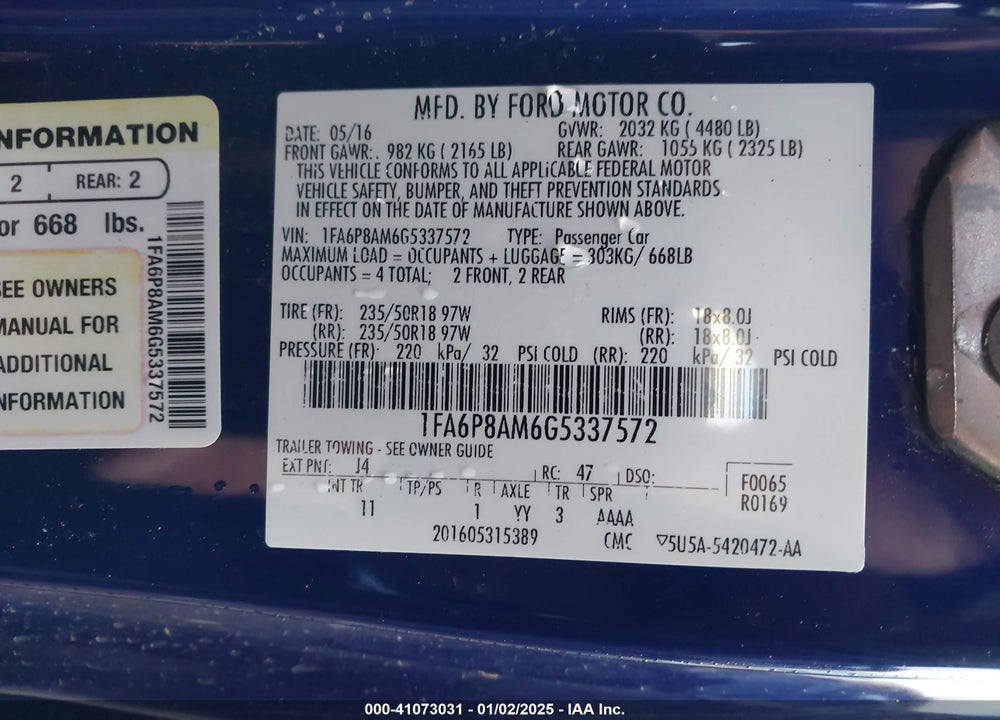 2016 FORD MUSTANG V6 VIN: 1FA6P8AM6G5337572