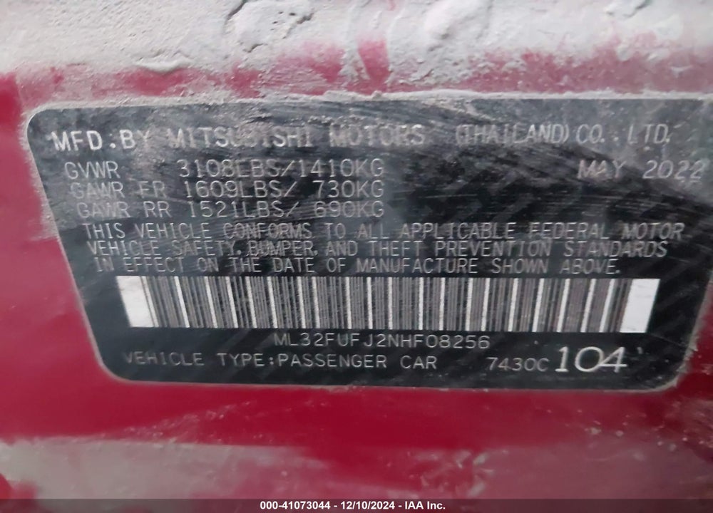 2022 MITSUBISHI MIRAGE G4 VIN: ML32FUFJ2NHF08256