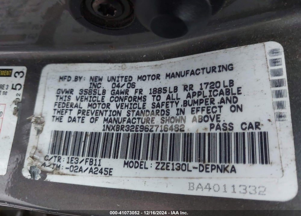 2006 TOYOTA COROLLA LE VIN: 1NXBR32E96Z716482