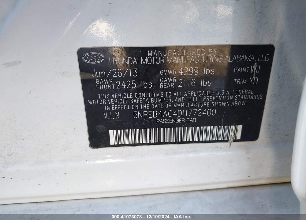 2013 HYUNDAI SONATA GLS VIN: 5NPEB4AC4DH772400