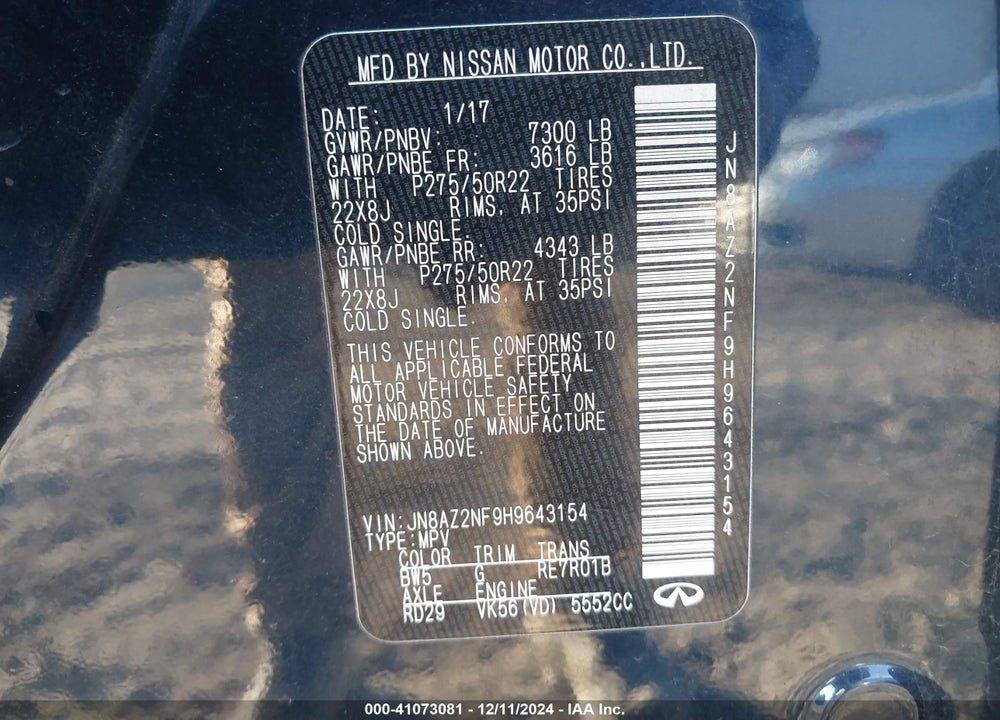 2017 INFINITI QX80 VIN: JN8AZ2NF9H9643154
