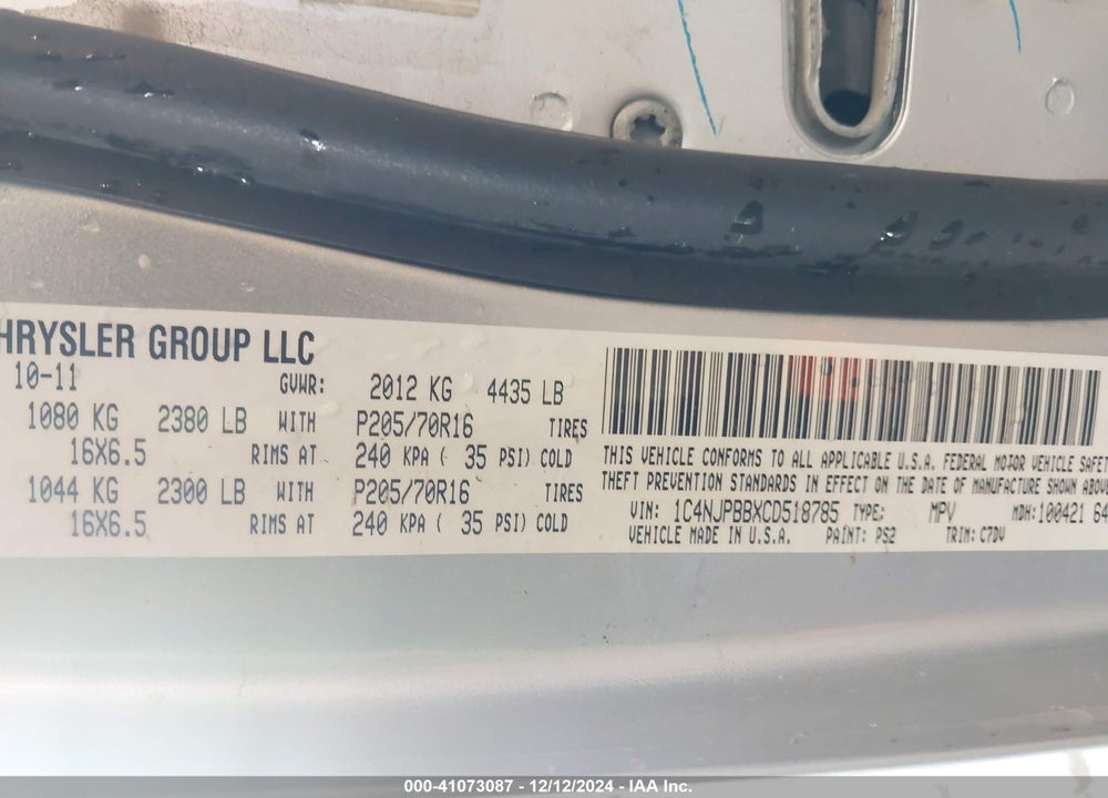 2012 JEEP PATRIOT SPORT VIN: 1C4NJPBBXCD518785