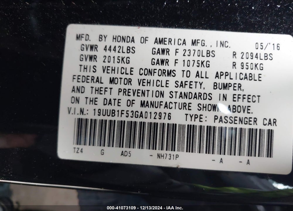 2016 ACURA TLX TECH VIN: 19UUB1F53GA012976