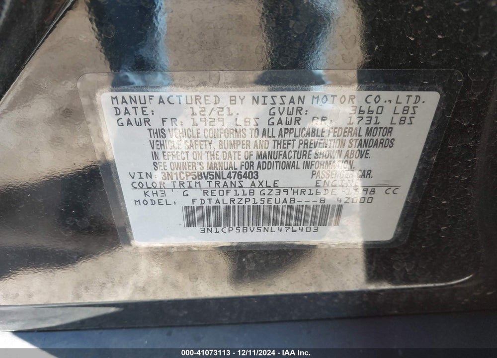 2022 NISSAN KICKS S XTRONIC CVT VIN: 3N1CP5BV5NL476403